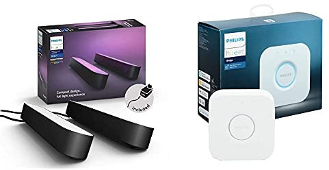 Philips Hue Play White & Colour Ambiance Smart Light Bar Double Pack Base Unit [Black] + Hue Bridge, Sync with Gaming, Entertainment and Music, Works with Alexa, and Voice Control.