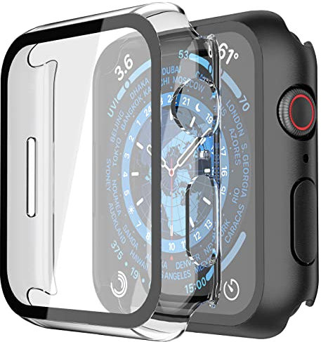 Misxi 2-Stück PC Hülle mit Displayschutz aus Gehärtetem Glas Kompatibel mit Apple Watch Series 9 (2023) Series 8 Series 7 41mm, Rundum HD Ultradünne Schutzhülle für iWatch, 1 Schwarz + 1 Transparent