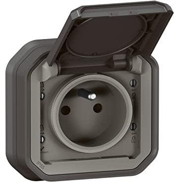 LEGRAND - Prise Etanche IP55 avec Terre Plexo - Prise 2P+T 16A Complète avec Volet - Pour Pose en Encastré avec Griffes - Fabriqué En France - Anthracite
