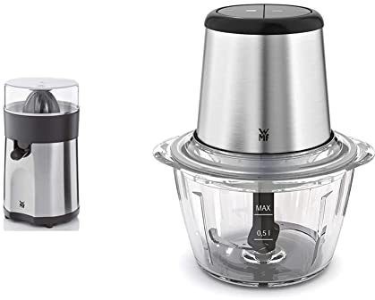 WMF Stelio Saftpresse elektrisch, Zitruspresse, Orangenpresse, 85 Watt, 2 Presskegel & Kult X Edition Zerkleinerer elektrisch mit Glasbehälter, 320 W, 2 Geschwindigkeitsstufen, cromargan matt