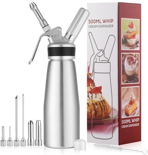 Dispensador profesional de crema batida, batidor de crema de metal duradero, recipiente para hacer crema batida, compatible con todas las marcas de cartuchos N2O de 8 gramos, no incluidos (aluminio)