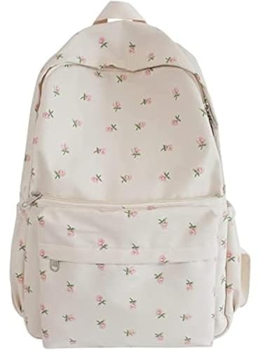 2023 Cute Preppy Bag Floral Printed Kawaii Backpack Cottagecore Aesthetic Backpack Laptop Daypack, White, Daypack Backpacks