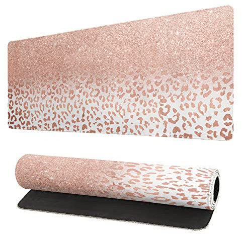 Abstract Pink Rose Gold Leopard Print Mouse Pad Office Supplies and Accessories Decor Office for Women 31.5x11.8 Inch Stitched Edges Smooth and Non-Slip Rubber Bottom Large Mouse pad for Desk