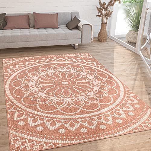 Paco Home Outdoor Teppich wetterfest & robust modernes Mandala & Boho Design pflegeleicht & flachgewebt für Balkon, Terrasse, Garten, Wohnzimmer & Küche Ethno Mandala, Grösse:80x250 cm, Farbe:Apricot