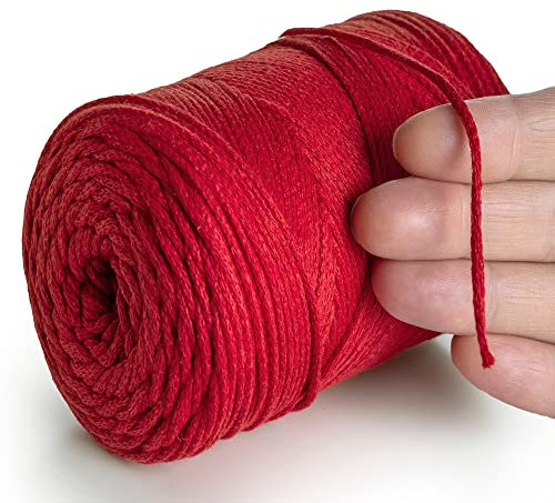 MeriWoolArt® Makramee Garn 2 mm x 250 m Baumwollkordel, recyceltes weiches Baumwollgarn für das Stricken von Pflanzenhängern, Schmuckherstellung, Häkeltaschen (Rot, 2mm)