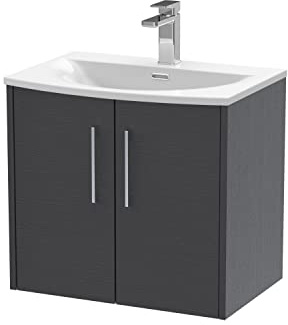 Hudson Reed JNU2223G Juno Modern Bathroom Wall Hung 2-Door Vanity with Curved Ceramic Basin, 600mm, Woodgrain Graphite Grey