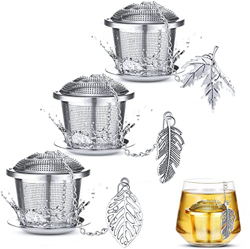 3 Sets Tea Infusers Steeper for Loose Leaf Tea Holder Stainless Steel Tea Ball Mesh Strainer Filters with Drip Trays and Pendant(Forest Style)