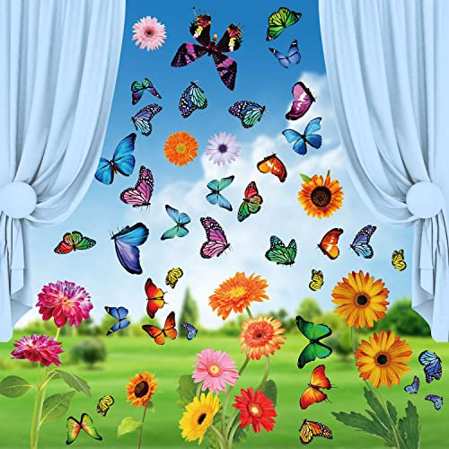 Fensterbilder Kinderzimmer Fensterbilder Frühling Fensterbilder Selbstklebend Fensterbilder Blumen Schmetterlinge Fenstersticker PVC Fensterdeko für Baby Shower Kinderzimmer Party Zubehör 9 Blatt