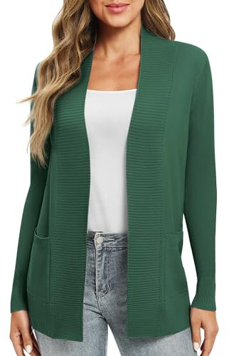EXCHIC Donna Casuale Manica Lunga Lavorare a Maglia Cardigan Leggero Comodo Fronte Aperto Maglioni Lunghi con Tasche(XL, Verde Scuro)