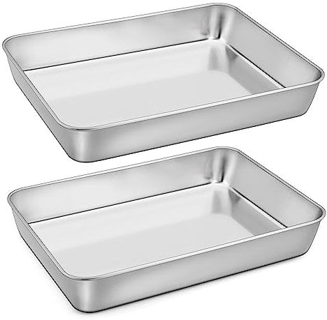 Homikit Bandeja para hornear, acero inoxidable grande, juego de 2 unidades, molde rectangular para hornear con 5 cm de profundidad para hornear, freír, servir pulido, apto para lavavajillas, 31,6 x