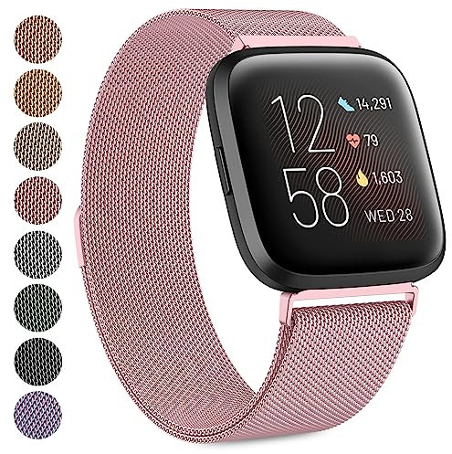 Vancle Bracelet de rechange réglable compatible avec Fitbit Versa/Versa 2 pour homme et femme, maille en acier inoxydable respirant (rose, taille L)