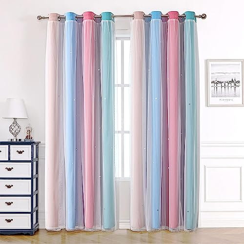 KAHEAUM Blackout Curtains for Living Room, Bedroom, Nursery - 2 Panel, 52 x 54 inch Drop, White Voile Net, Thermal Soundproof, Eyelet Star, Pink, Grey, Rainbow