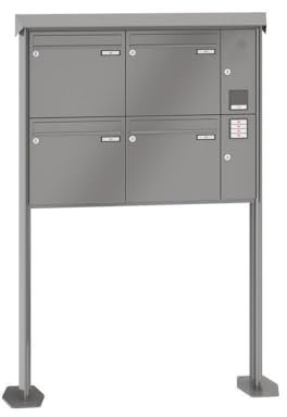 RENZ/Prisma / 4er Freistehende Briefkastenanlage Standbriefkasten mit Sprechfeld/RAL-Farbe 9007 Volumen 12 L/mit Fußplatten/Dein-Briefkasten.de