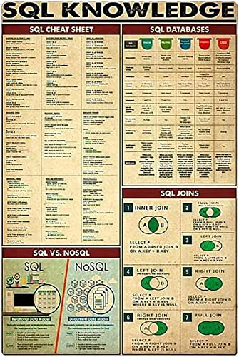 FJQWKLF Sql Knowledge Retro-Metallposter, Sql Spickzettel, Blechschilder, Computer-Datenbank, Referenzhandbuch, Plakette, Dekoration, Heimbüro, Club, Wanddekoration, 30,5 x 40,6 cm