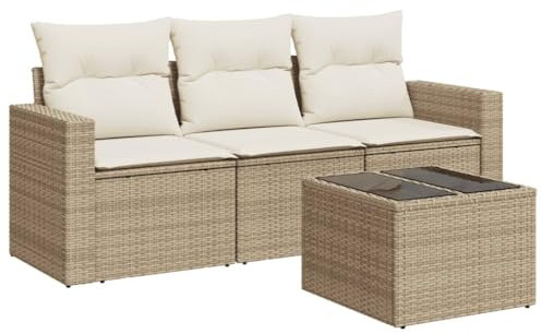 vidaXL 4-TLG. Garten-Sofagarnitur mit Kissen Beige Poly Rattan
