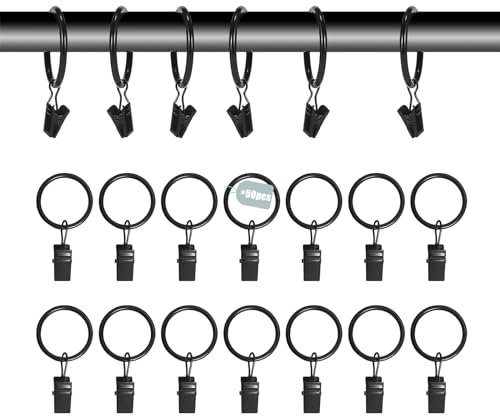 RYAN 50 StüCk Metall Gardinenhaken Gardinenringe Mit Clips Gardinenhaken Vintage Rostfrei Gardinenringe Schwarz 32mm Innendurchmesser füR Fenstervorhang Bettvorhang Duschvorhang