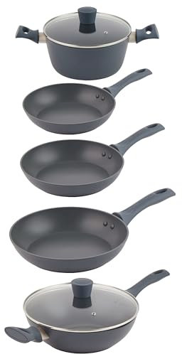 Salter COMBO-9232 Marino 5 Piece Pan Set – Non-Stick Cookware with Frying Pans, Stockpot, Wok with Lid, Induction Suitable Soup Cooking Pots, Forged Aluminium, PFOA-Free, Casserole, Curries, Pancakes