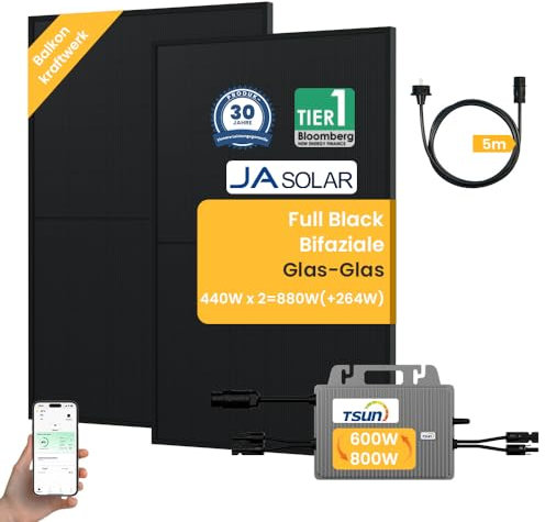 Powerness Balkonkraftwerk 880Wp Jasolar Bifaziale Solarmodule/TSUN 800W Wechselrichter (auf 600W gedrosselt) mit 5m Kabel Solaranlage Komplettset