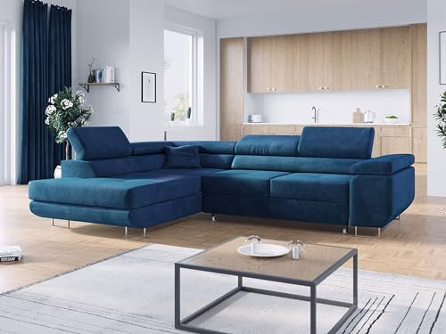 MKS MEBLE Ecksofa Blau Wohnzimmer - Wohnlandschaft - Schlafsofa mit Bettkasten - Ecksofa mit Schlaffunktion - Wohnzimmer L Couch - Polstersofa mit Bettkasten - Gustaw - Dunkelblau - Links