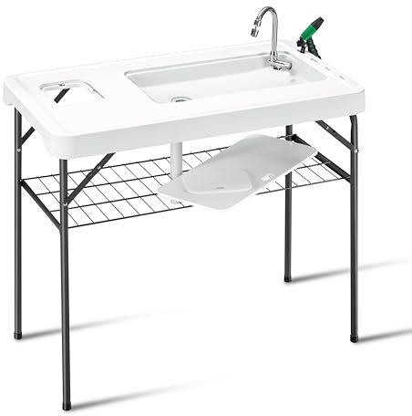 Dragosum Mesa de limpieza de peces al aire libre de 41 pulgadas, estación de fregadero portátil con fregadero ampliado, grifo giratorio plegable, mesa de fregadero de picnic con soporte de basura para