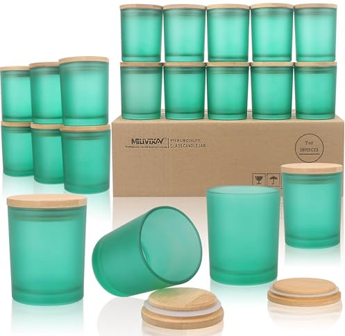 MILIVIXAY Paquete de 20 tarros de cristal grueso verde mate de 7 onzas con tapas, tarros vacíos a granel para hacer velas, recipientes de especias y polvo.
