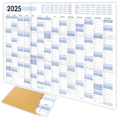 XXL Wandkalender 2025 groß (90x60cm) - Jahresplaner 2025 quer als Kalender für die Wand - Jahreskalender für 14 Monate mit Ferienübersicht - Kalender gefalzt für das Büro