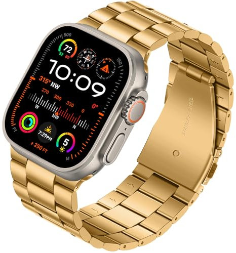Tasikar Bracelet en métal compatible avec Apple Watch 46mm (série 10) 45mm 44mm 42mm Bracelet en acier inoxydable compatible avec Apple Watch SE Series 10 9 8 7 6 5 4 3, Or