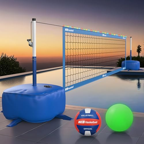 Pool Volleyball Net Set with Adjustable 15ft-32ft Length & Height, LED Lights, 2 Volleyballs (Regular & Glow-in-The-Dark), Weighted Base & Rust-Resistant, Pool Volleyball Set for Inground Pools