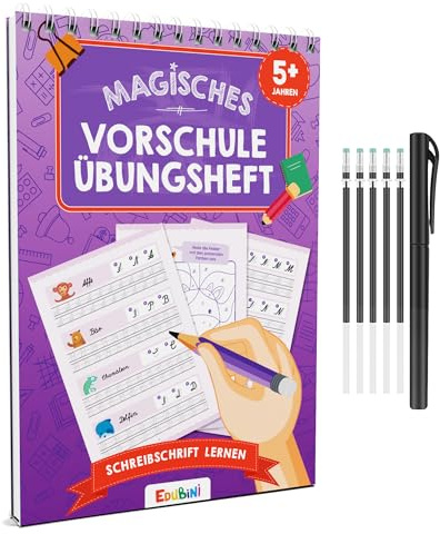 Magische Vorschule Übungshefte ab 5 Jahren für Junge & Mädchen - [Heft + Stift] - Wiederverwendbare Schreiblernhefte für Vorschule - Buchstaben lernen, Schreiben lernen (Schreibschrift lernen)