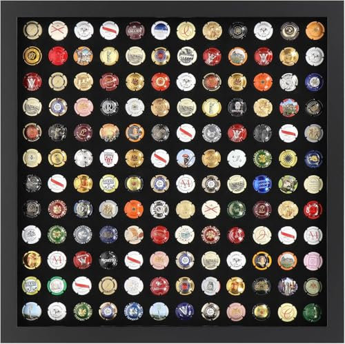 ACAZA Cadre pour Capsules de Champagne 50x50 cm - Collecteur pour 144 Bouchons de Champagne - Intérieur en Velours - Bois MDF et Verre Plexi - Noir