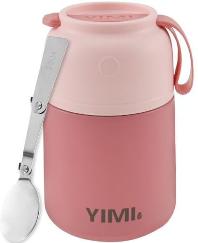 NZWBSHSSP Insulated Thermo Soup Jar for Kids & Adults 530ml Thermal Food Container with Stainless Steel Folding Spoon Leakproof Insulated Food Jar Keep Hot 12H and Keep Cold 24H(Pink)