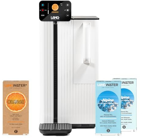 LANGWATER Osmoseanlage Auftisch TheWell 2 - mit Mineralisierung, Aromen, Heißwasserspender – Umkehrosmoseanlage für Trinkwasser inkl. 4-stufigem Wasserfilter (NSF58 RO, UV), 2 Mineralpacks, 1 Orange