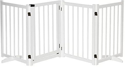 PawHut Barrera para Perros Plegable Valla para Perros Pequeños y Medianos de 4 Paneles con Puerta Barrera de Seguridad de Madera para Escaleras Pasillos 237,5x36x80 cm Blanco