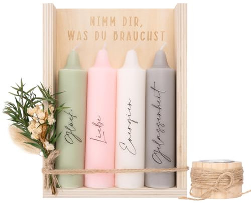 Nimm dir was du brauchst Kerzen, Geschenke für Freundin zum Geburtstag, Perfekte Kerzen Geschenkset mit Kerzenständer | Trockenblumen | Holzbox Holzverpackung, Geschenkidee für Schwester & Freundin