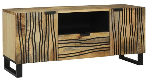 vidaXL TV Cabinet with Drawer Brown 105 x 33 x 46 cm Solid mango wood, Rustic Tv Cabinet, Rectangular Storage Unit, Durable Media Console, Functional Entertainment Center, Wavy Line Pattern Design