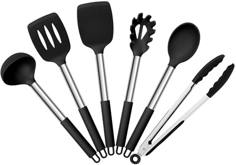 HaWare Kitchen Utensils Set, 6 Pcs Silicone Cooking Utensils Set with Stainless Steel Handle, Non-Stick Cooking Tools Turner Spatula Spoon Tong, Heat Resistant & Non-Scratch, Dishwasher Safe-Black