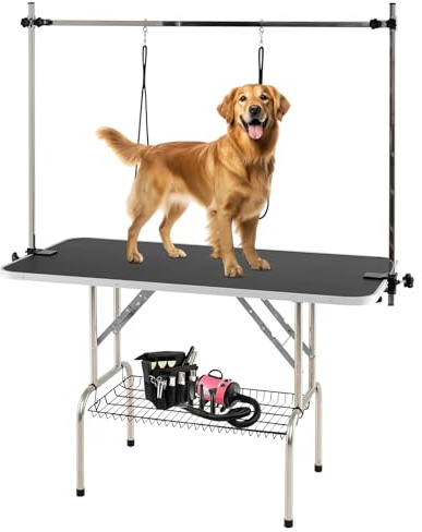 GYMAX klappbarer Schertisch, Groomingtisch für Haustiere mit höhenverstellbaren Armen, Netzablage, Leine & Klammern, Trimmtisch Tierpflegetisch Pflegetisch für Hund & Katze, 125 x 61 x 162,5 cm