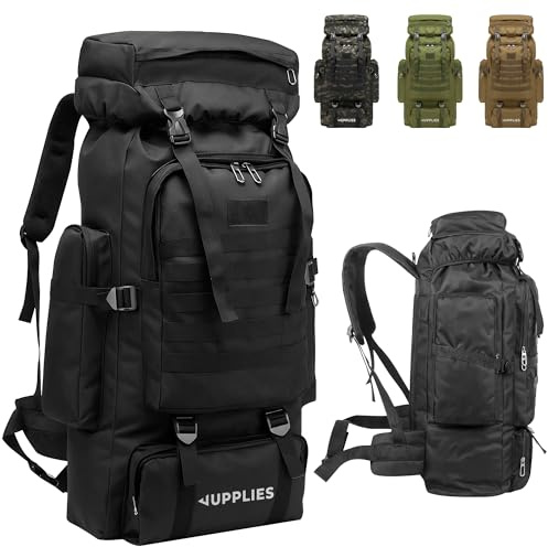 JUPPLIES Mochila Tactica Militar 80L – Oxford 600D Impermeable IPX5 con Sistema MOLLE, Cremalleras Reforzadas y Gran Capacidad para Senderismo, Camping, Crossfit, Gimnasio - Negro