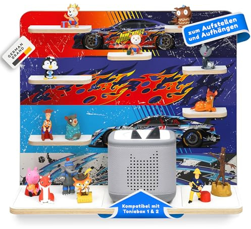 stadtecken Holzregal passend für Toniebox 2 I Geeignet für ca. 50 Tonies I Perfekte Aufbewahrung im Kinderzimmer I Regal zum Aufstellen oder Aufhängen (Racer, Groß)