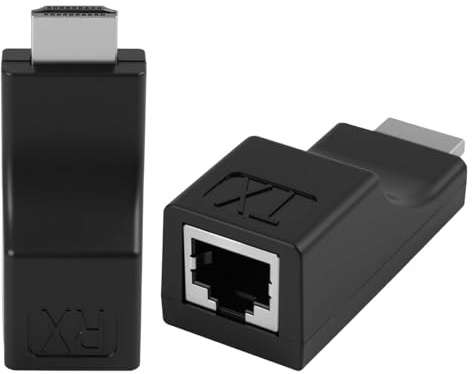 2 Pièces Convertisseur HDMI Réseau Ethernet, Adaptateur HDMI vers RJ45 Jusqu’à 30m, Extendeur sur Ethernet CAT6 / CAT5E, Répéteur Vidéo 1080P Full HD pour TV, PC, Projecteur, Conférence, Home Cinéma