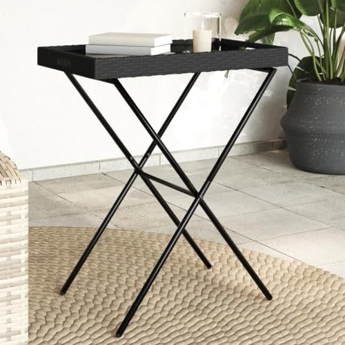 Owoxanthellate Klapptisch Schwarz Poly Rattan 65x40x75 cm klappbar Gartentisch mit abnehmbarem Tablett UV-beständig und platzsparend für Balkon Terrasse Camping