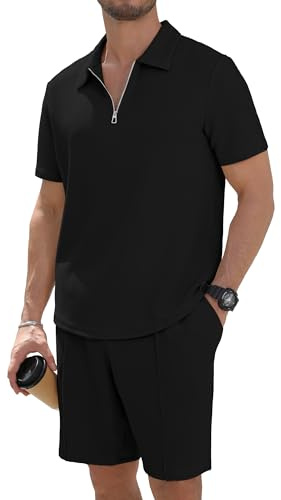 Anelune Mens Shorts and T shirts Sets, 2 Piece Tracksuit, Black, XXL