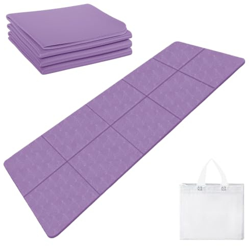 Eulihent Yogamatte, Klappbare Yogamatte,183 x61x0.4 cm Reiseyogamatte Rutschfest, Tragbare Fitnessmatte mit Tragetasche für Reise, Sport (Lila)