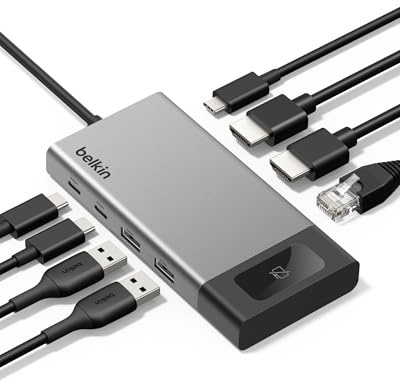 Belkin Hub USB-C, Docking Station Multiporta 8 in 1 da 100 W, Supporto Doppio Monitor per Windows, Mac e Chromebook, Velocità di Trasferimento Dati Fino a 10 Gbps, Ethernet, Risoluzione 4K a 60 Hz