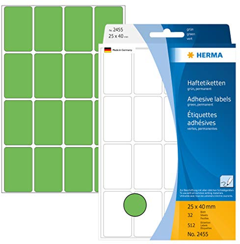 HERMA Multi Purpose Labels, 24 Labels per Sheet, 32 Sheets, 25 x 40 mm, 768 Labels, Self Adhesive Small Labels Stickers, Blank Sticky Labels for Office Kitchen Home, Green
