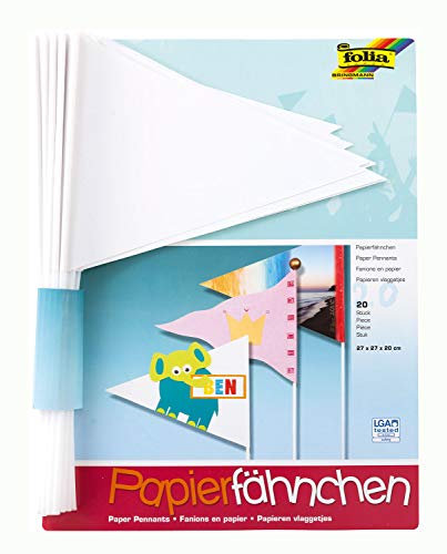 folia 2373 - Papierfähnchen, Wimpel, Stablänge 40cm, 20 Stück, weiß - zum bemalen, bekleben und verzieren