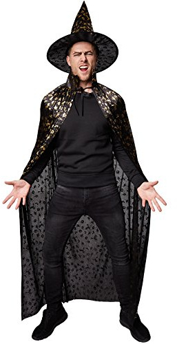 dressforfun tectake Unisex Set Hut und Umhang Halloween | Bestehehend aus edlem Hut und Umhang | Zauberhafter, Goldener Halloween-Kürbis-Aufdruck (120 cm | Nr. 301658)