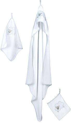roba Handtuch Set 'Kleine Wolke' für Babys - 3 teiliges Kapuzenhandtuch für Kinder - Handtuch + Waschlappen - Frotee Baumwolle - Wolken Motiv - Weiß / Blau