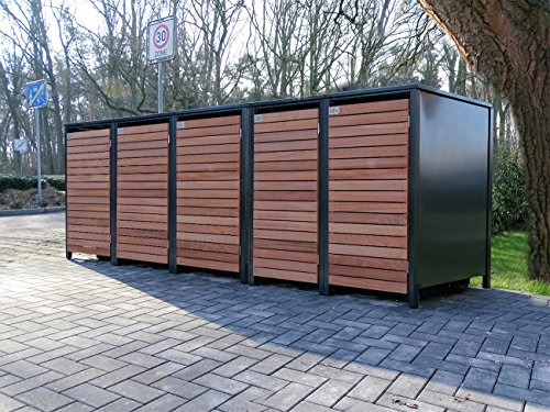 5 Mülltonnenboxen für 120 Liter Mülltonnen in Edeldesign Anthrazit - Edelholz / witterungsbeständig durch Pulverbeschichtung / mit Klappdeckel und Fronttür aus Edelholz