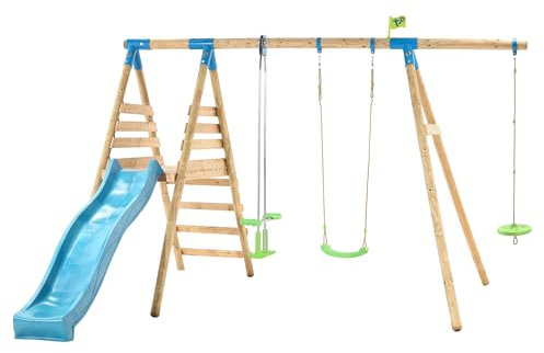 TP Toys Galapagos Wooden Swing Set and 8FT Slide With Monkey Seat 3 Years+ Colour Green and Blue